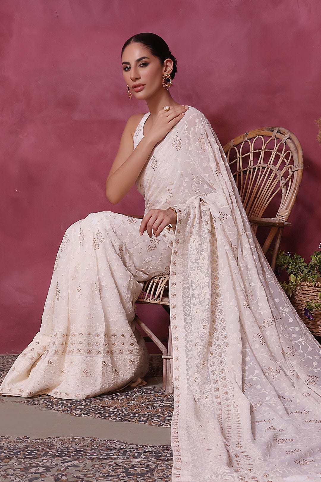 Sanas - Chicken Kari Saree - SHIREEN FESTIVE - SR202266 - Ivory