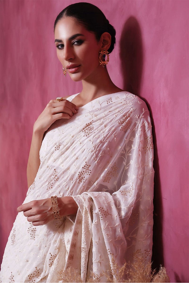 Sanas - Chicken Kari Saree - SHIREEN FESTIVE - SR202266 - Ivory