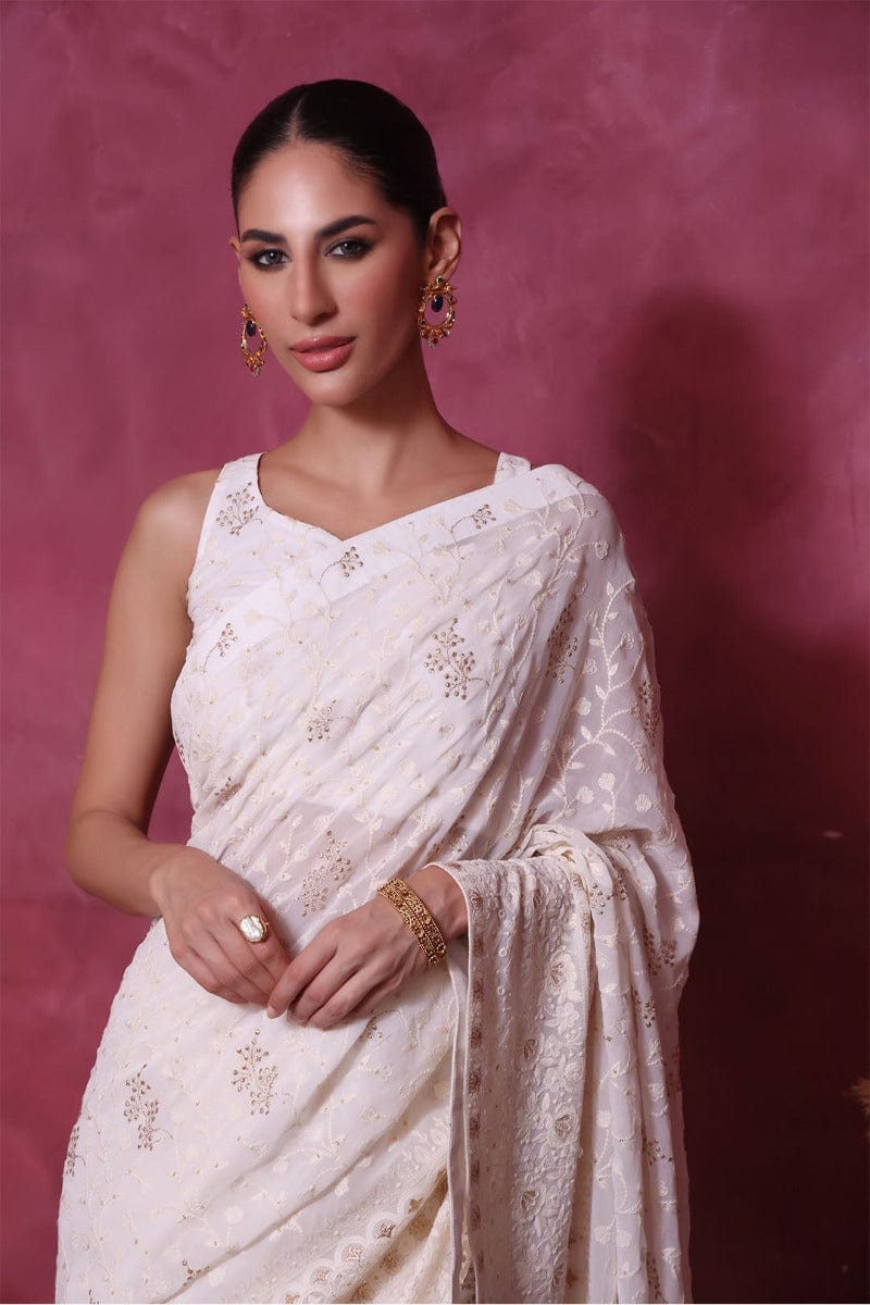 Sanas - Chicken Kari Saree - SHIREEN FESTIVE - SR202266 - Ivory