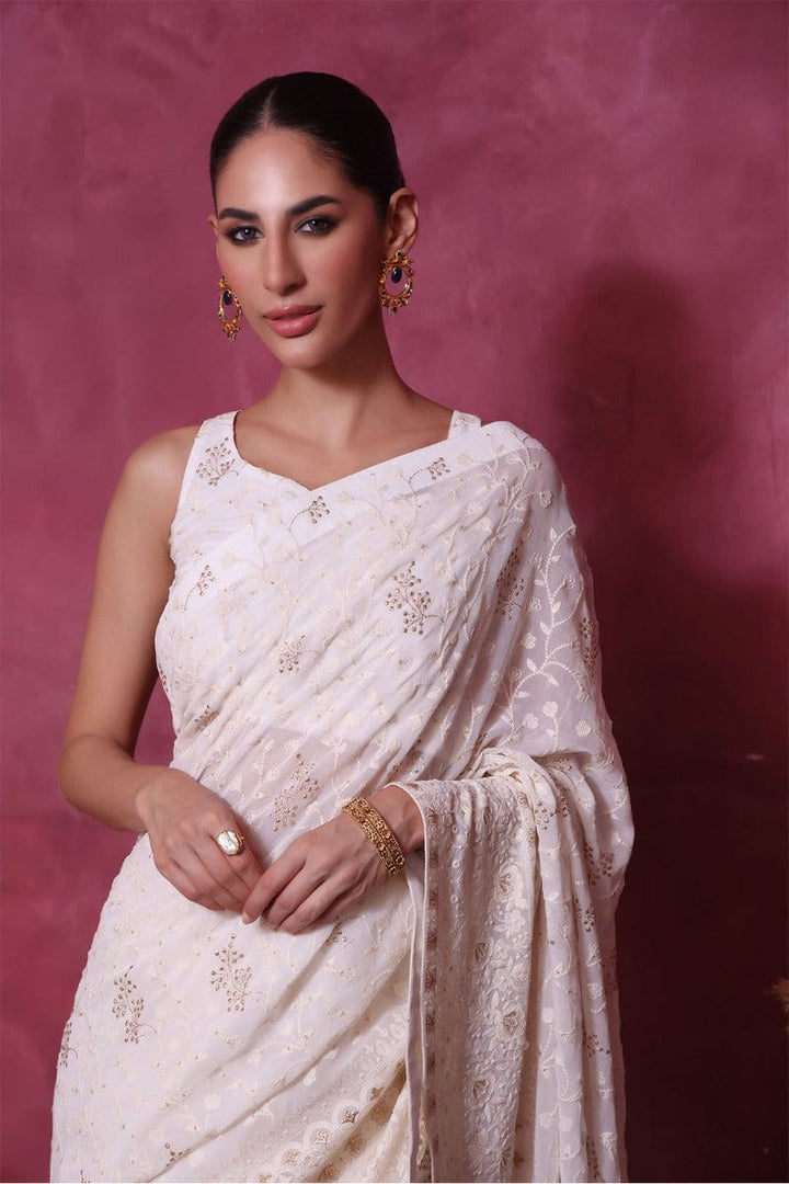 Sanas - Chicken Kari Saree - SHIREEN FESTIVE - SR202266 - Ivory