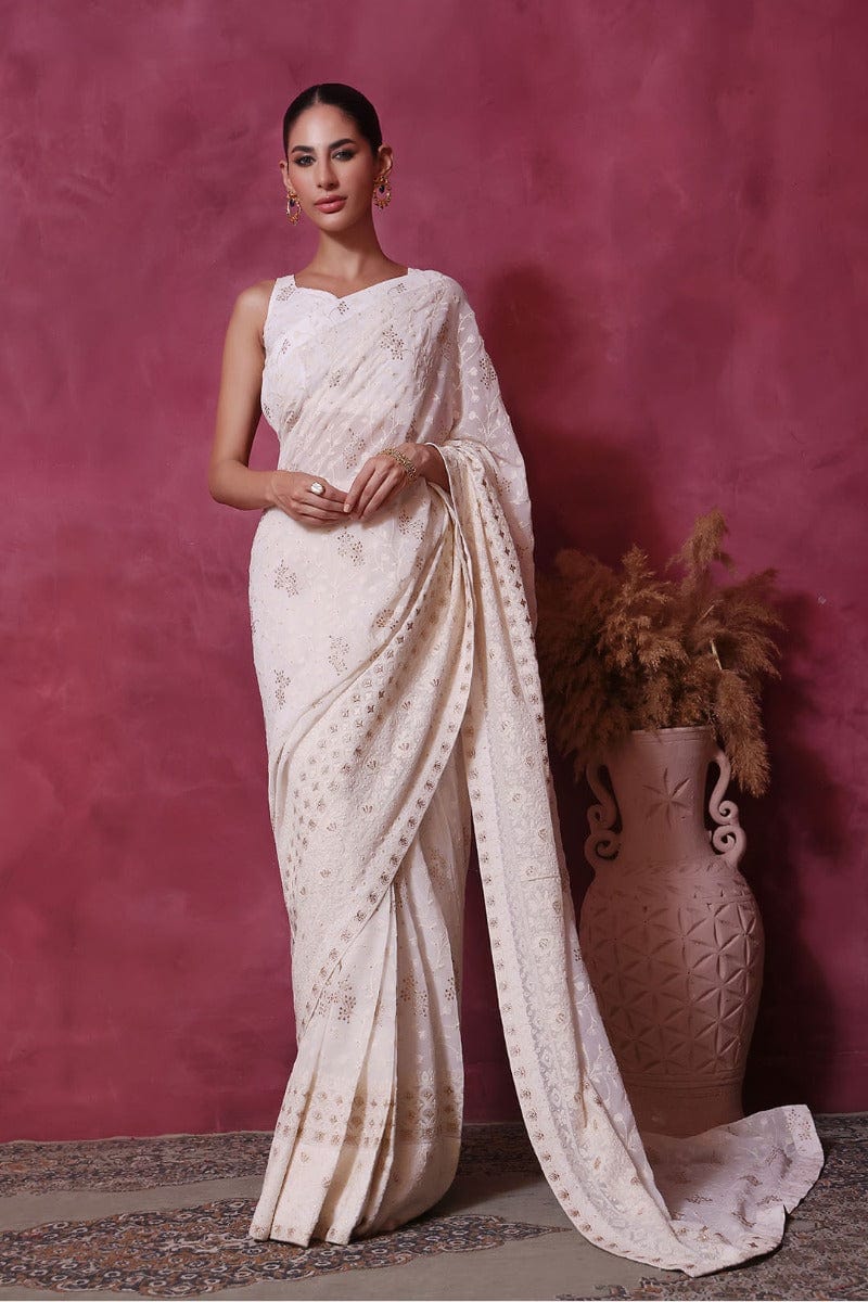 Sanas - Chicken Kari Saree - SHIREEN FESTIVE - SR202266 - Ivory