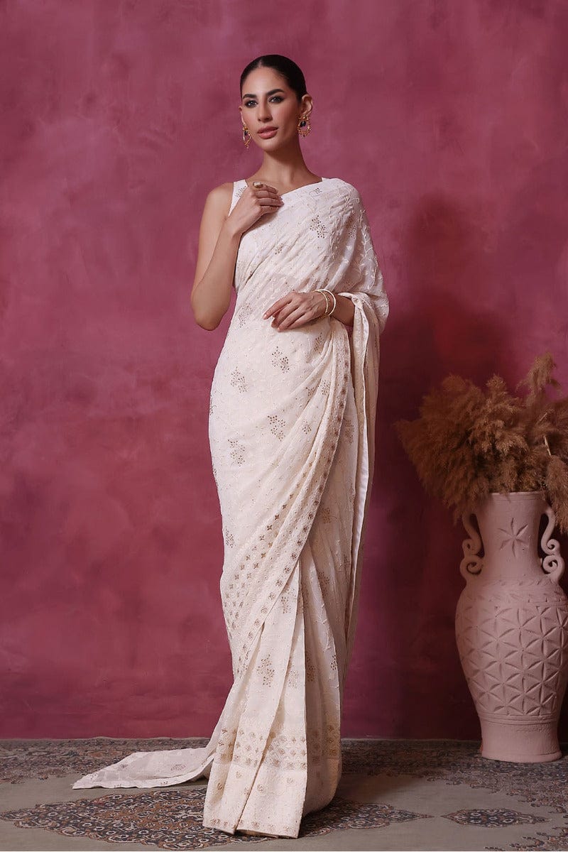 Sanas - Chicken Kari Saree - SHIREEN FESTIVE - SR202266 - Ivory