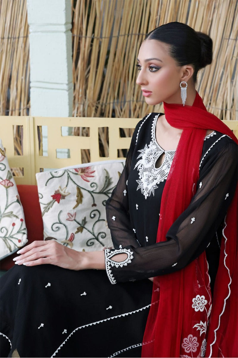 Sanas - Embroidered Chiffon 3 Piece Suit - SHIREEN FESTIVE - S202264 - Black Red