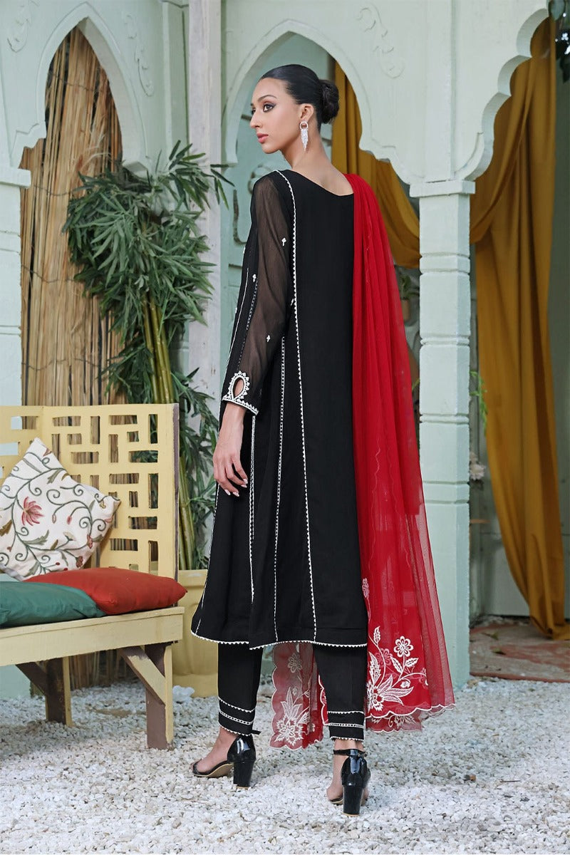 Sanas - Embroidered Chiffon 3 Piece Suit - SHIREEN FESTIVE - S202264 - Black Red