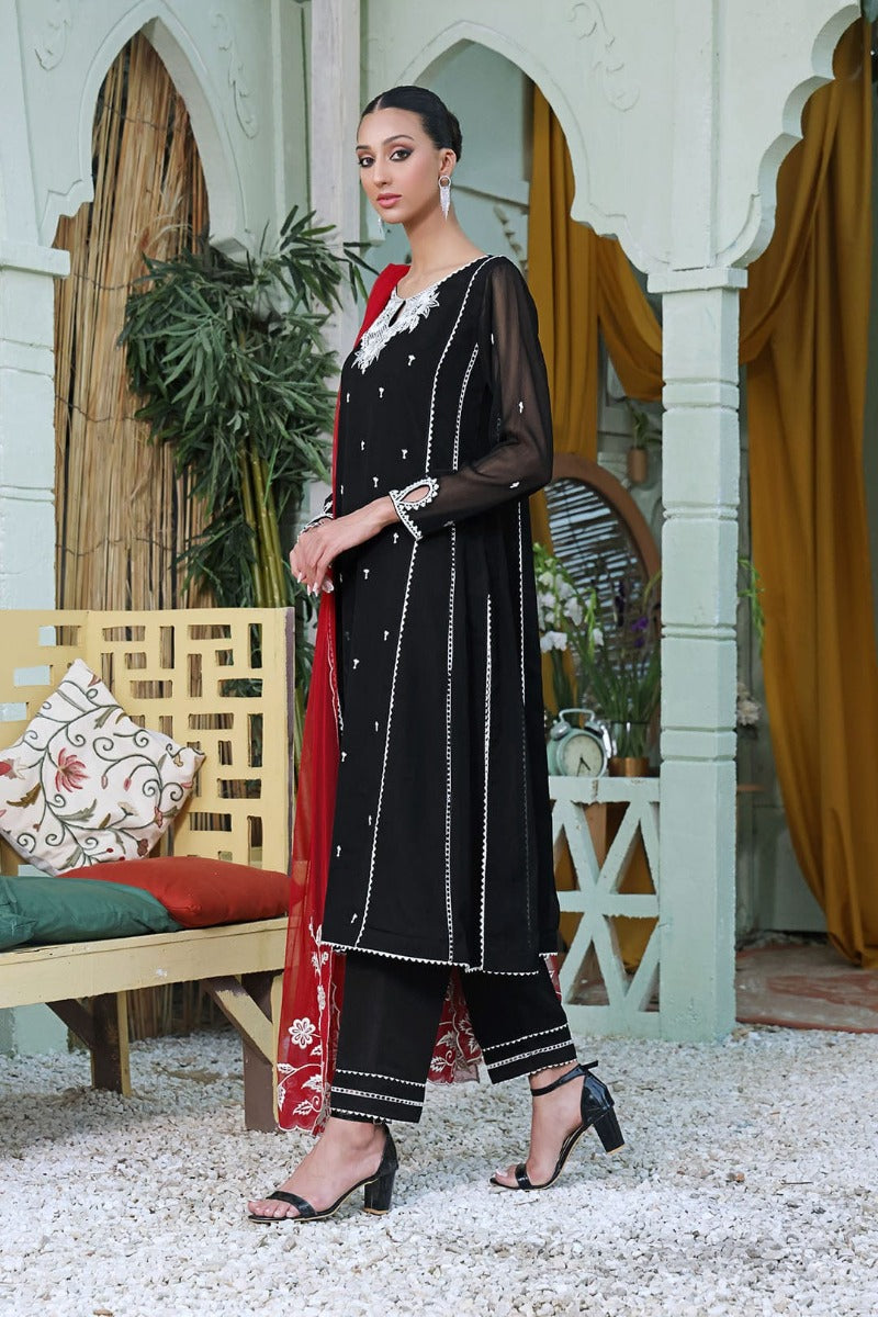 Sanas - Embroidered Chiffon 3 Piece Suit - SHIREEN FESTIVE - S202264 - Black Red