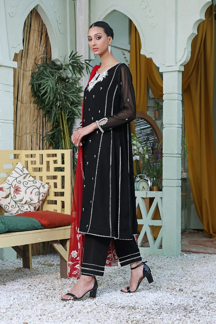 Sanas - Embroidered Chiffon 3 Piece Suit - SHIREEN FESTIVE - S202264 - Black Red