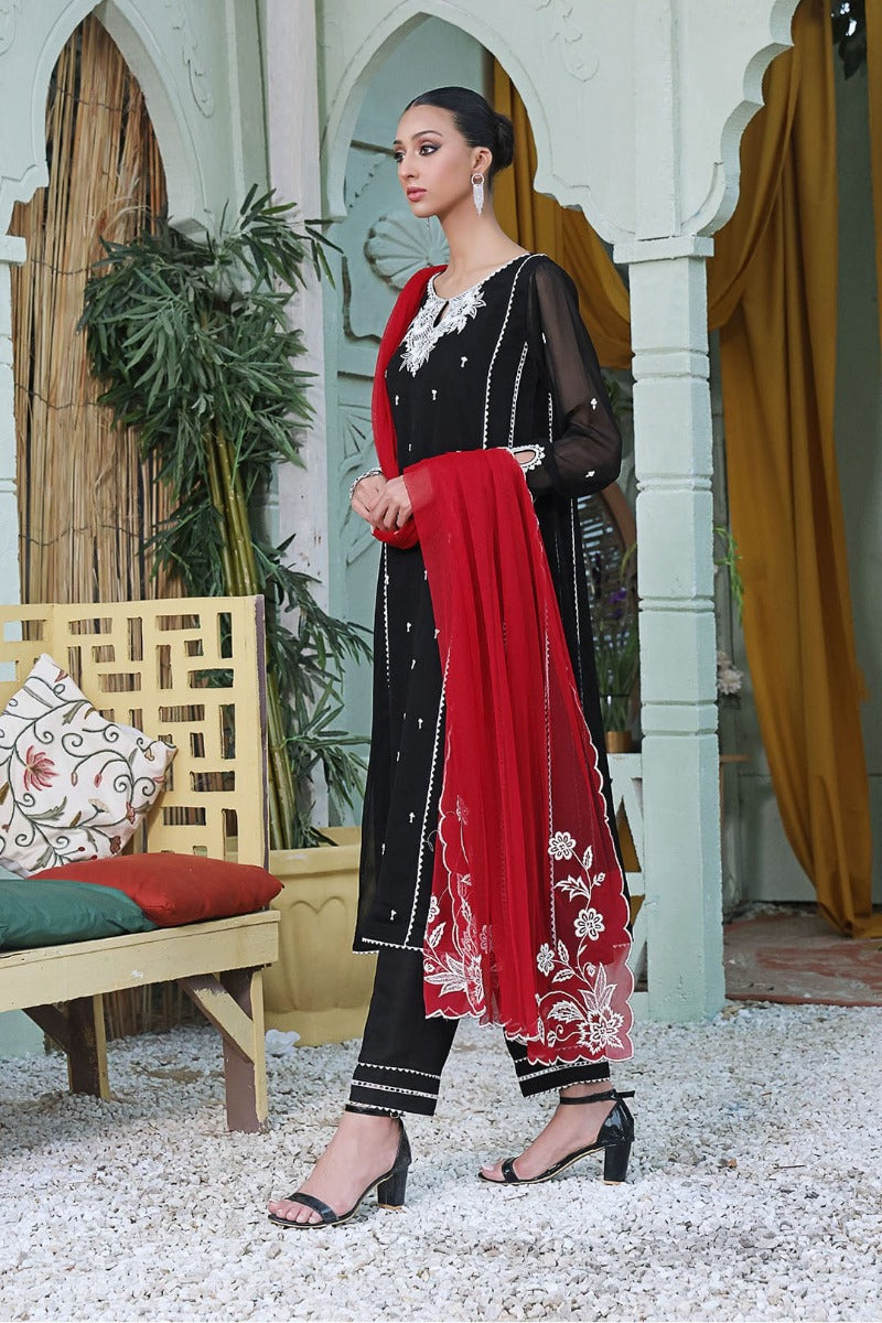 Sanas - Embroidered Chiffon 3 Piece Suit - SHIREEN FESTIVE - S202264 - Black Red