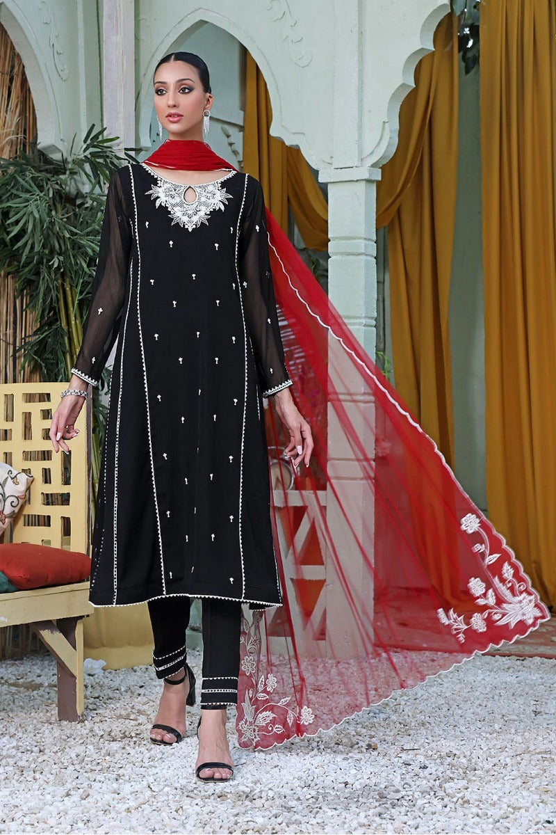Sanas - Embroidered Chiffon 3 Piece Suit - SHIREEN FESTIVE - S202264 - Black Red