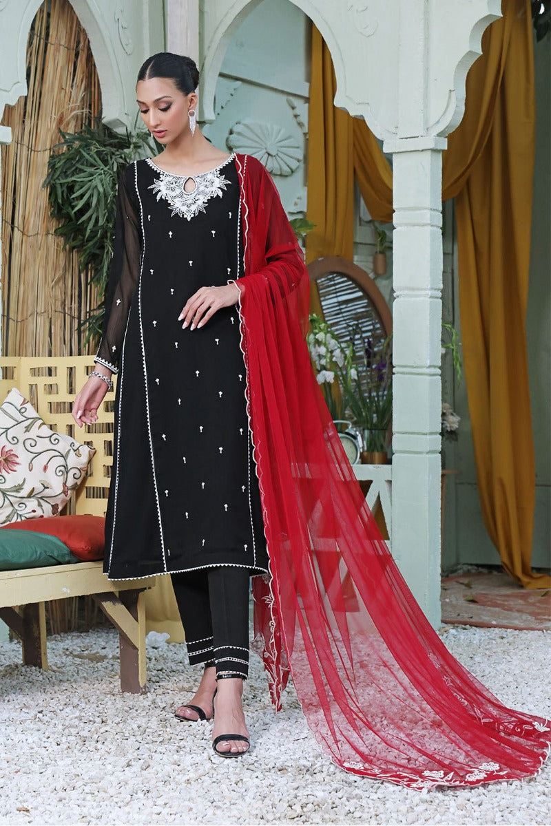 Sanas - Embroidered Chiffon 3 Piece Suit - SHIREEN FESTIVE - S202264 - Black Red
