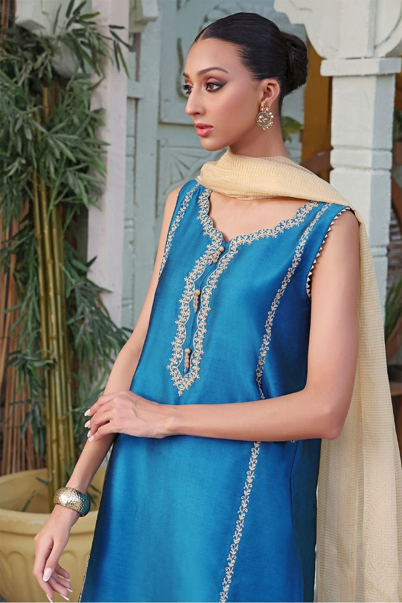 Sanas - Zari Embroidered Lychee Silk 3 Piece Suit - SHIREEN FESTIVE - S202275 - Blue