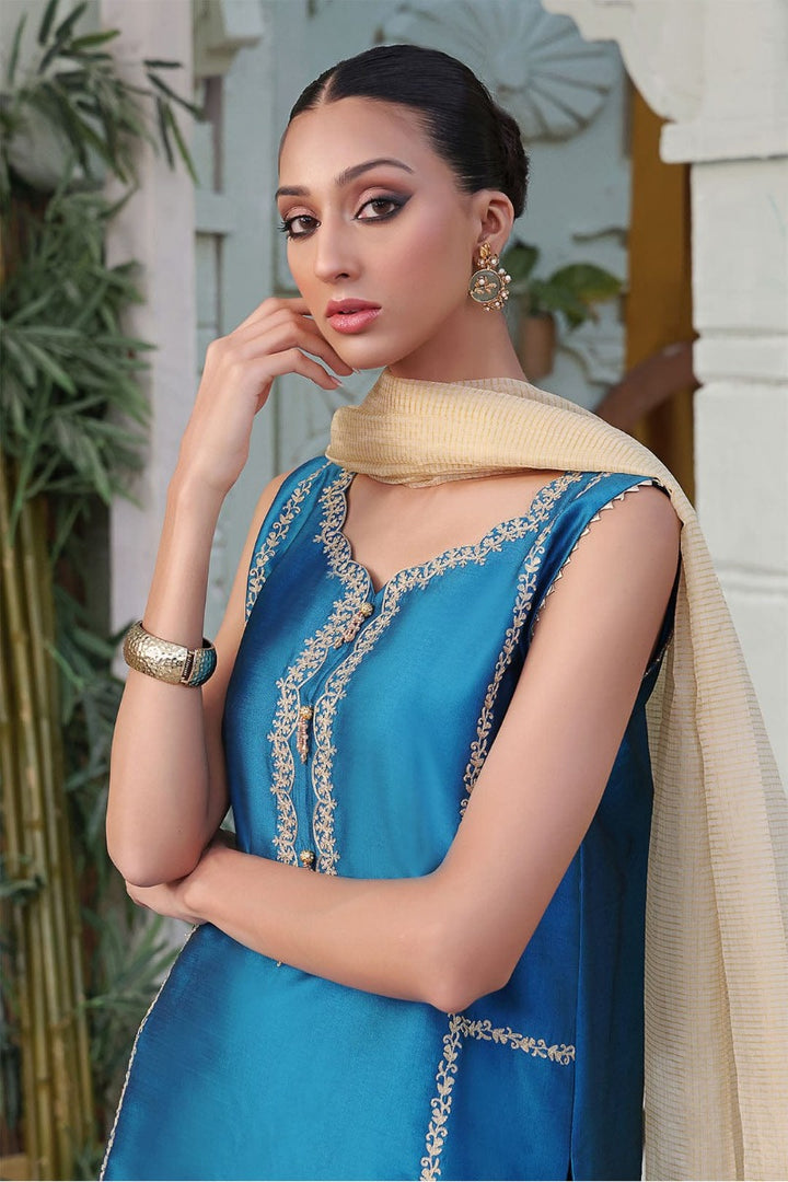 Sanas - Zari Embroidered Lychee Silk 3 Piece Suit - SHIREEN FESTIVE - S202275 - Blue