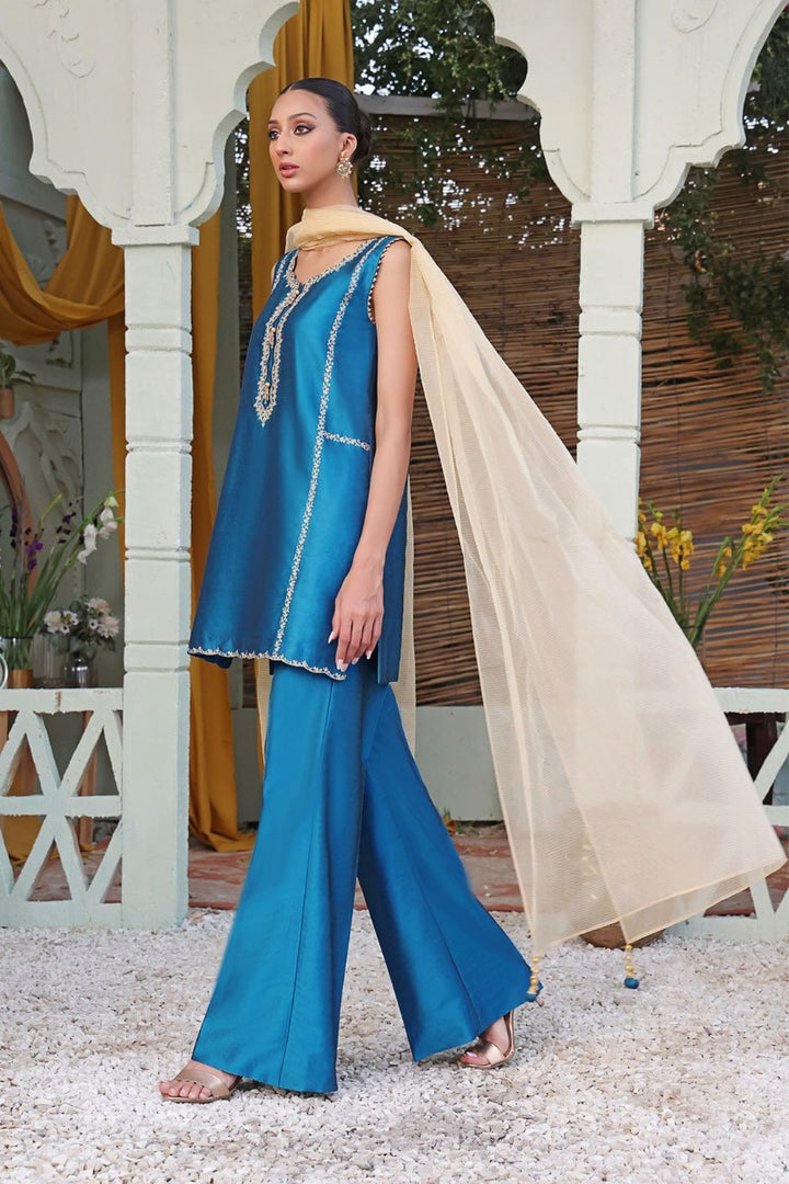 Sanas - Zari Embroidered Lychee Silk 3 Piece Suit - SHIREEN FESTIVE - S202275 - Blue