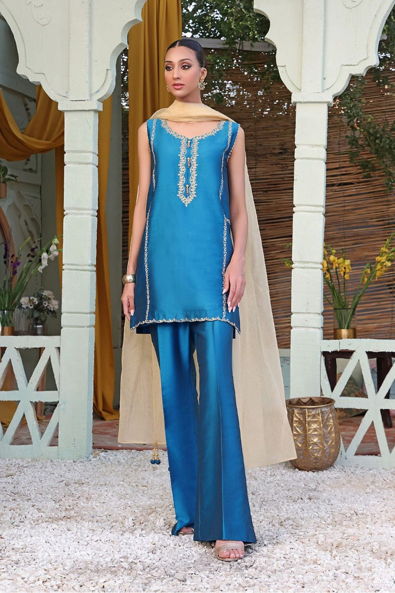 Sanas - Zari Embroidered Lychee Silk 3 Piece Suit - SHIREEN FESTIVE - S202275 - Blue