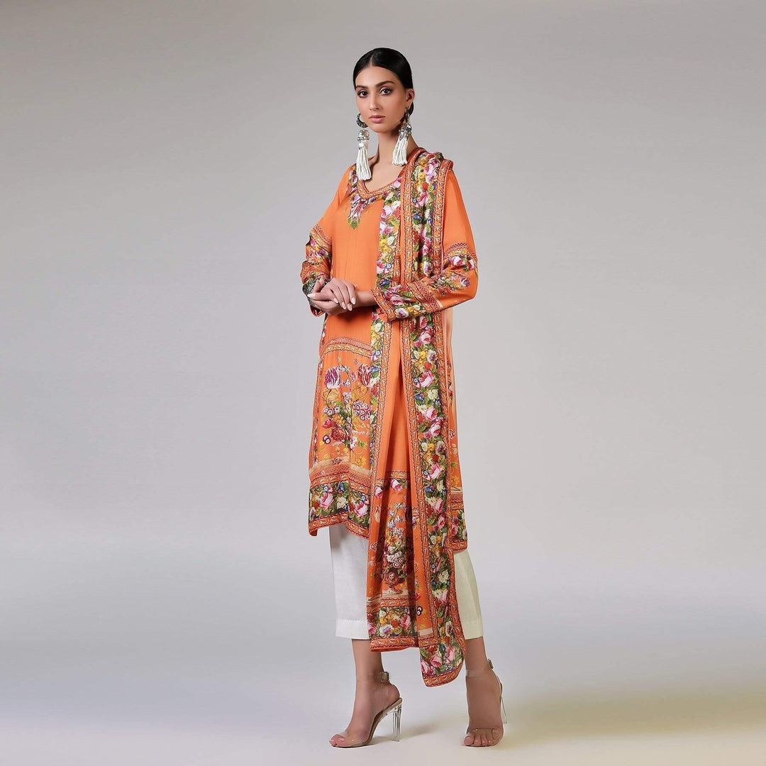 Rizwan Beyg - Renaissance Garlands On Printed Orange Shirt with Dupatta