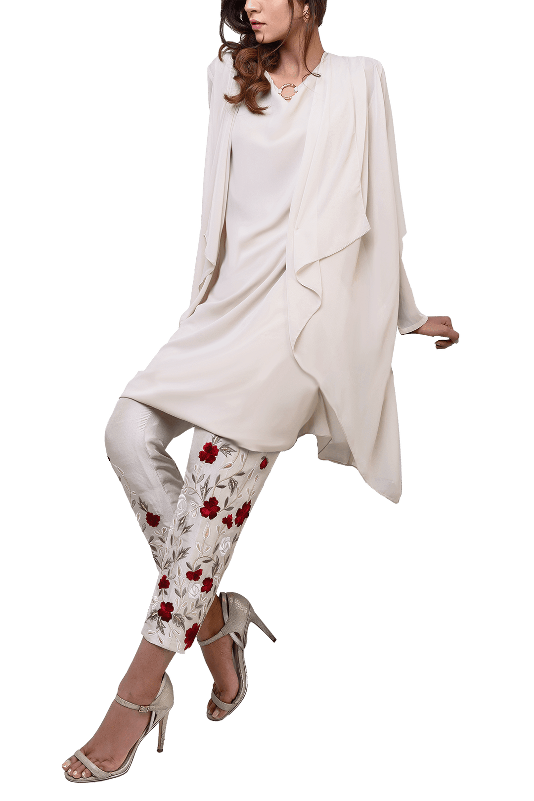 Natasha Kamal -  Floretta Georgette Chiffon Jacket & Tunic With Raw Silk Trousers