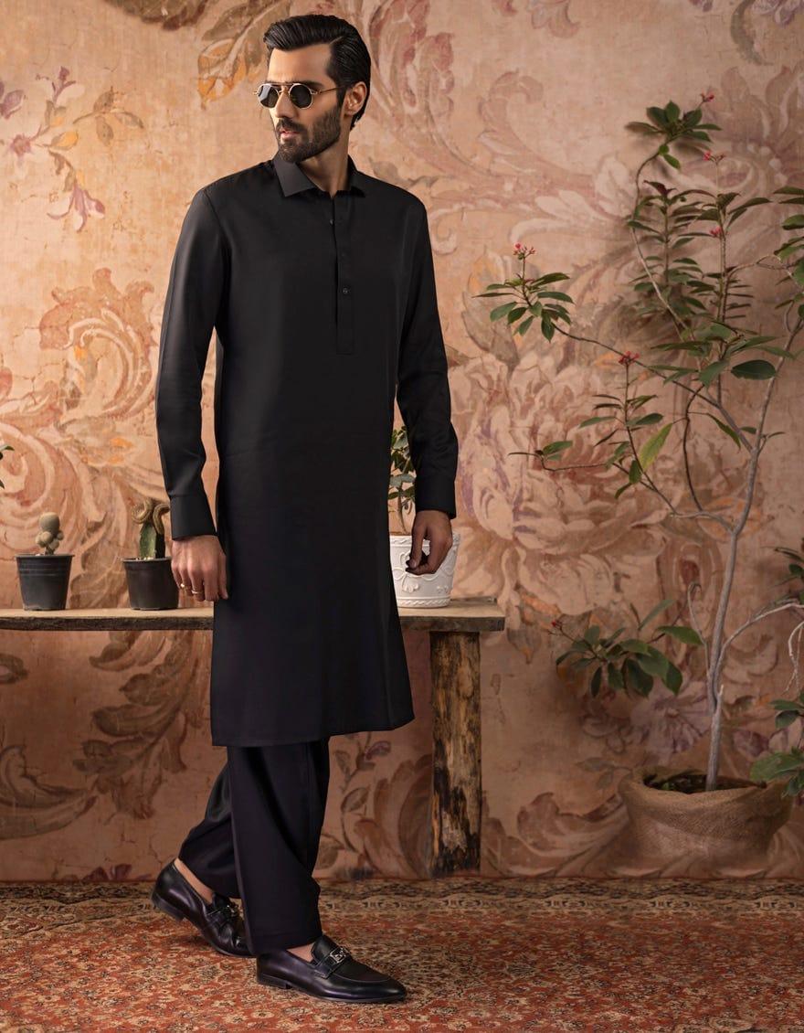 J. - Junaid Jamshed | Plain Black Suit With Shirt Collar For Men - Studio by TCS