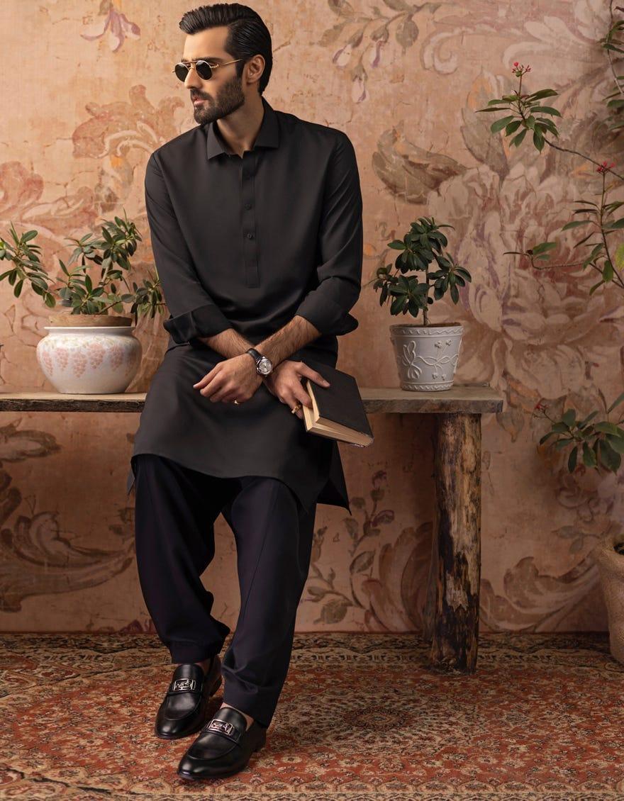 J. - Junaid Jamshed | Plain Black Suit With Shirt Collar For Men - Studio by TCS