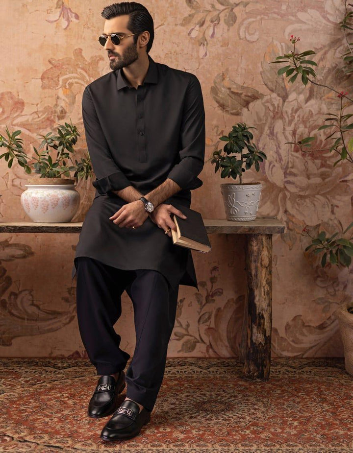 J. - Junaid Jamshed | Plain Black Suit With Shirt Collar For Men - Studio by TCS