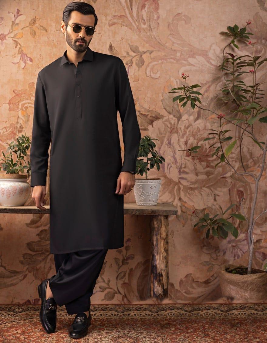 J. - Junaid Jamshed | Plain Black Suit With Shirt Collar For Men - Studio by TCS
