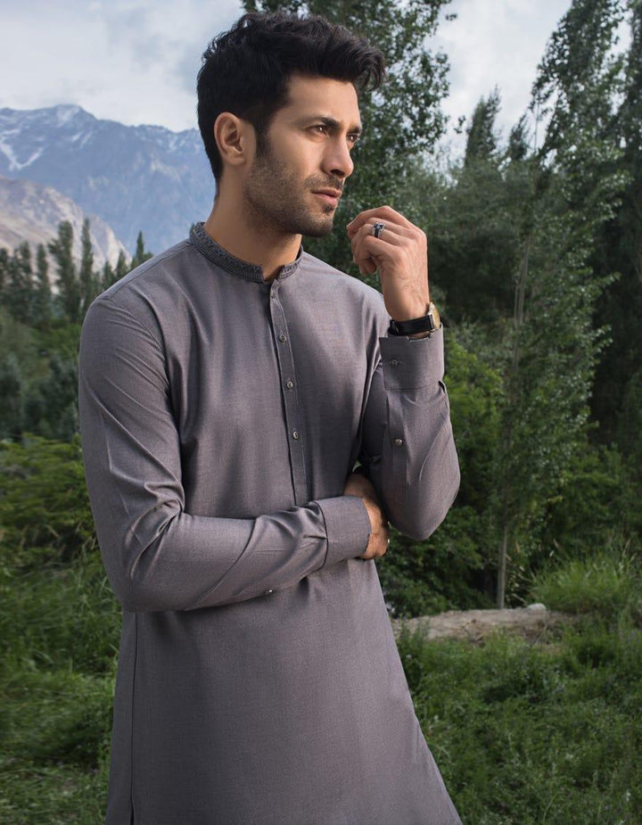 J. - Junaid Jamshed | Steel Grey Blended Kameez Shalwar - Studio by TCS