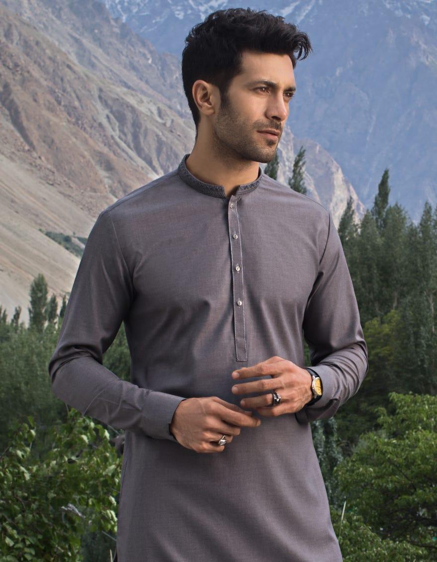J. - Junaid Jamshed | Steel Grey Blended Kameez Shalwar - Studio by TCS