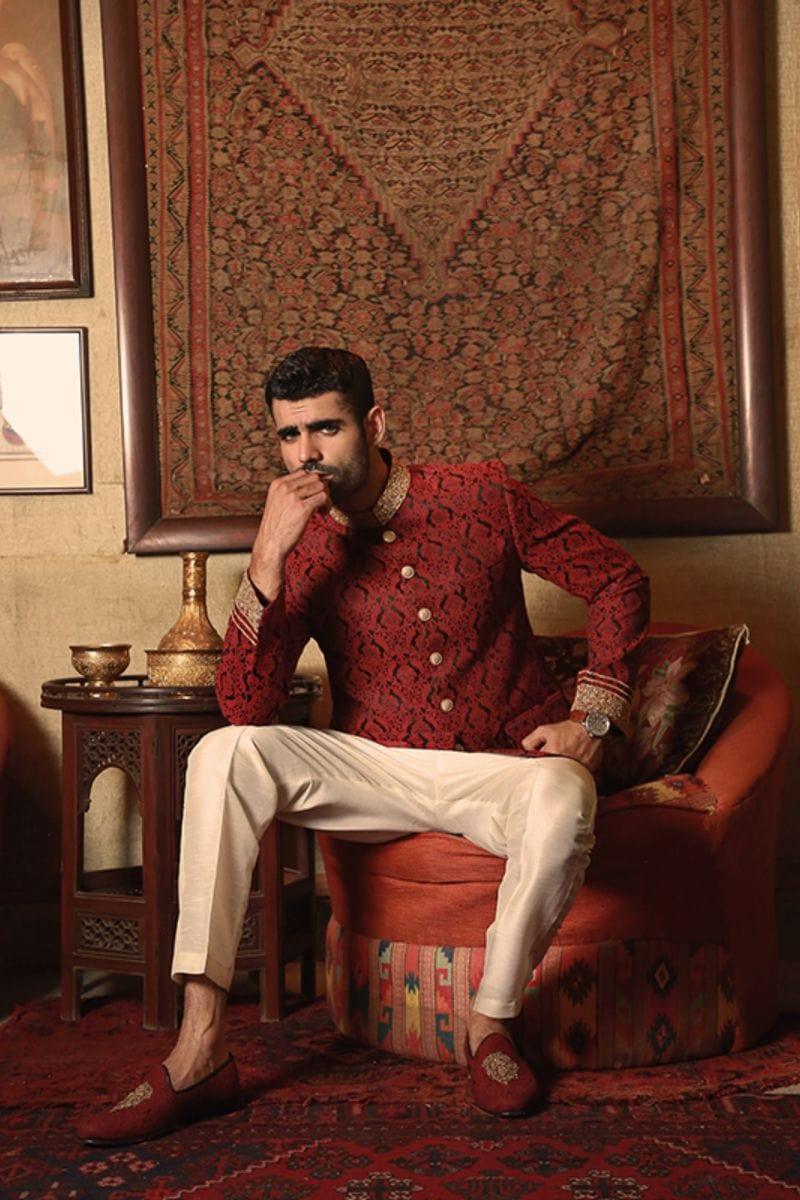 GEM Garments - Hannish - Prince Coat - Red - 1 Piece - Jamawar - Studio by TCS