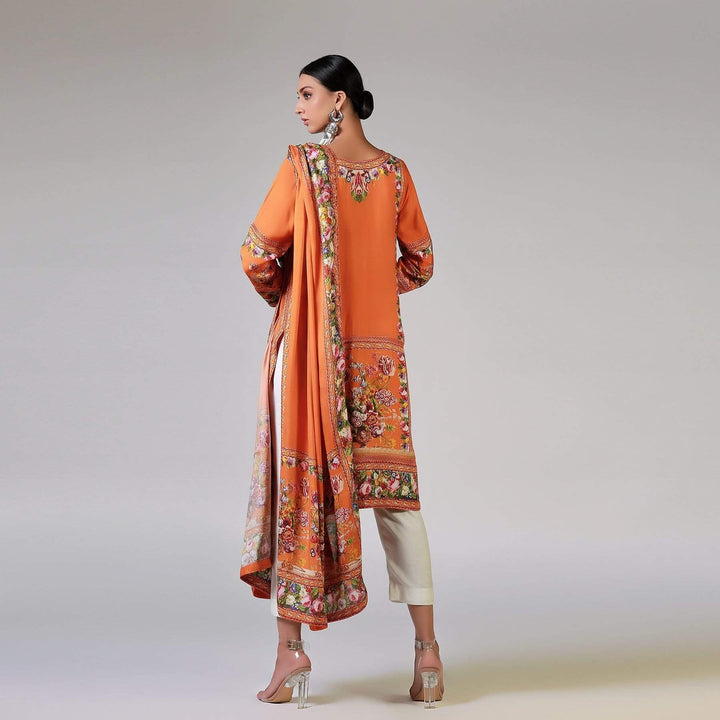 Rizwan Beyg - Renaissance Garlands On Printed Orange Shirt with Dupatta