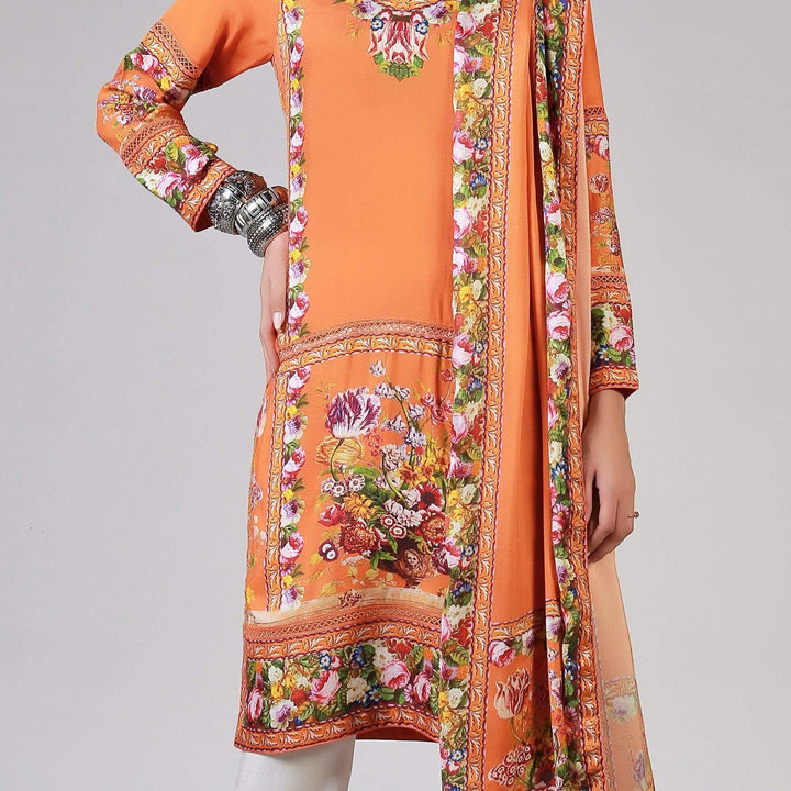 Rizwan Beyg - Renaissance Garlands On Printed Orange Shirt with Dupatta