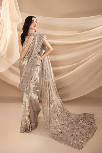 Nilofer Shahid - Metallic Grey & Silver Embellished Tissue Blouse with Tissue Saree - 2 Piece - Studio by TCS