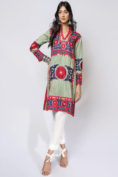 Rizwan Beyg - Suzani Silk Floss Embroidered Sage Green Top - Studio by TCS