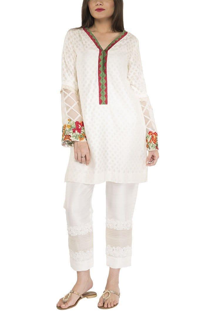 Maheen Ghani Taseer - White Cotton Net & Organza Shirt