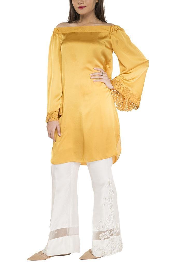 Maheen Ghani Taseer - Off The Shoulder Raw Silk Shirt