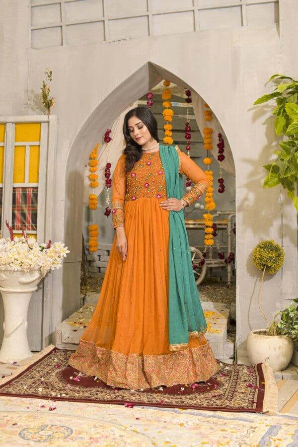 Mustard Korean Net Embroidered Pishwas with Raw Silk Pants - Laila - Studio by TCS