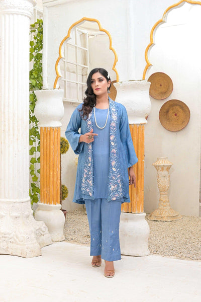 Rubys Couture - Grey Khaddi Net Embroidered Double Press Coat with Raw Silk Pants - Virsa - Studio by TCS