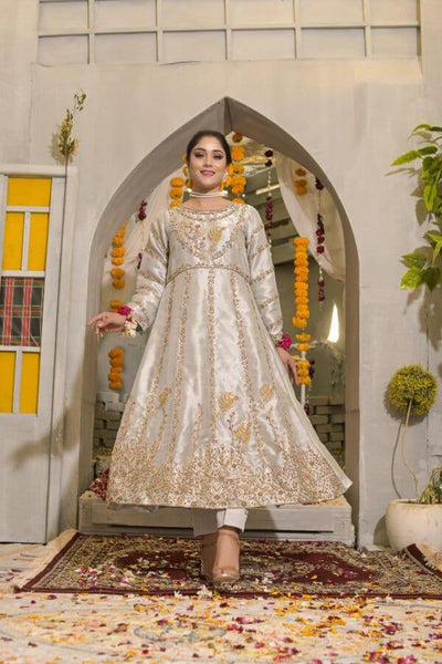 Rubys Couture - Silver Grey Embroidered Tissue Anarkali with Raw Silk Pants - Deewani - Studio by TCS
