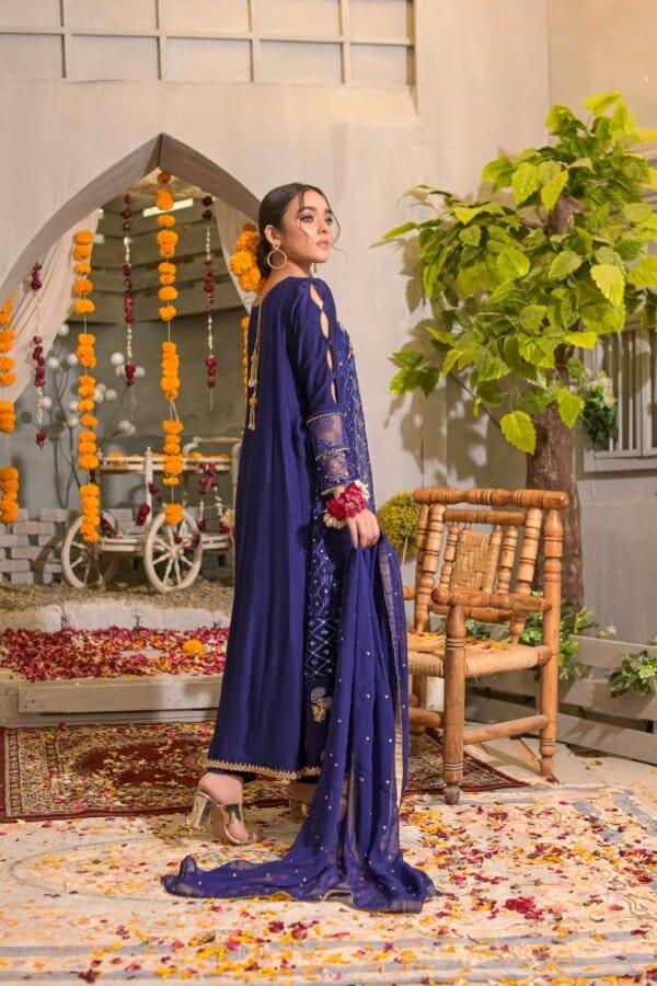 Rubys Couture - Navy Blue Organza Embroidered Frock with Raw Silk Pants - Roshanara - Studio by TCS