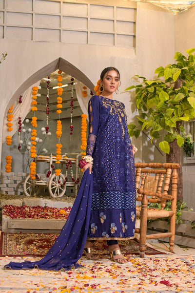 Rubys Couture - Navy Blue Organza Embroidered Frock with Raw Silk Pants - Roshanara - Studio by TCS