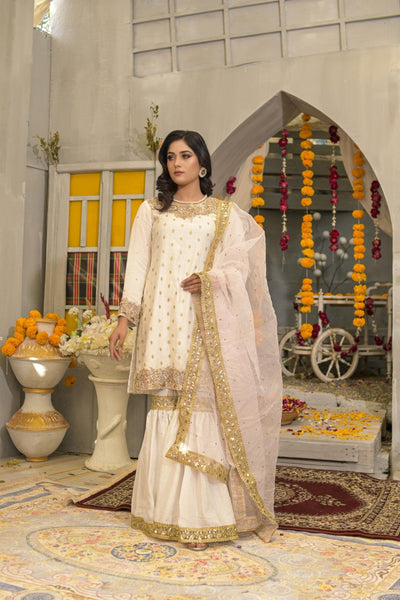 Rubys Couture - White Cotton Net Handwork Shirt with Raw Silk Gharara Pants - Jugni - Studio by TCS