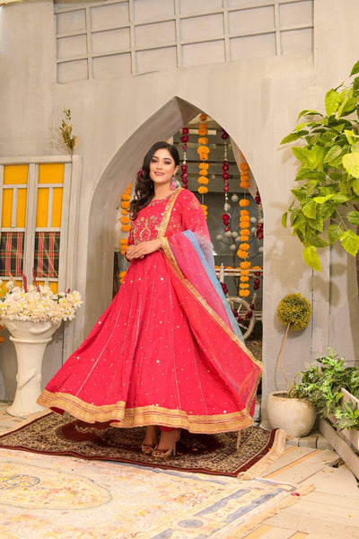 Rubys Couture - Hot Pink Silk Embroidered Anarkali with Raw Silk Pants - Pari - Studio by TCS