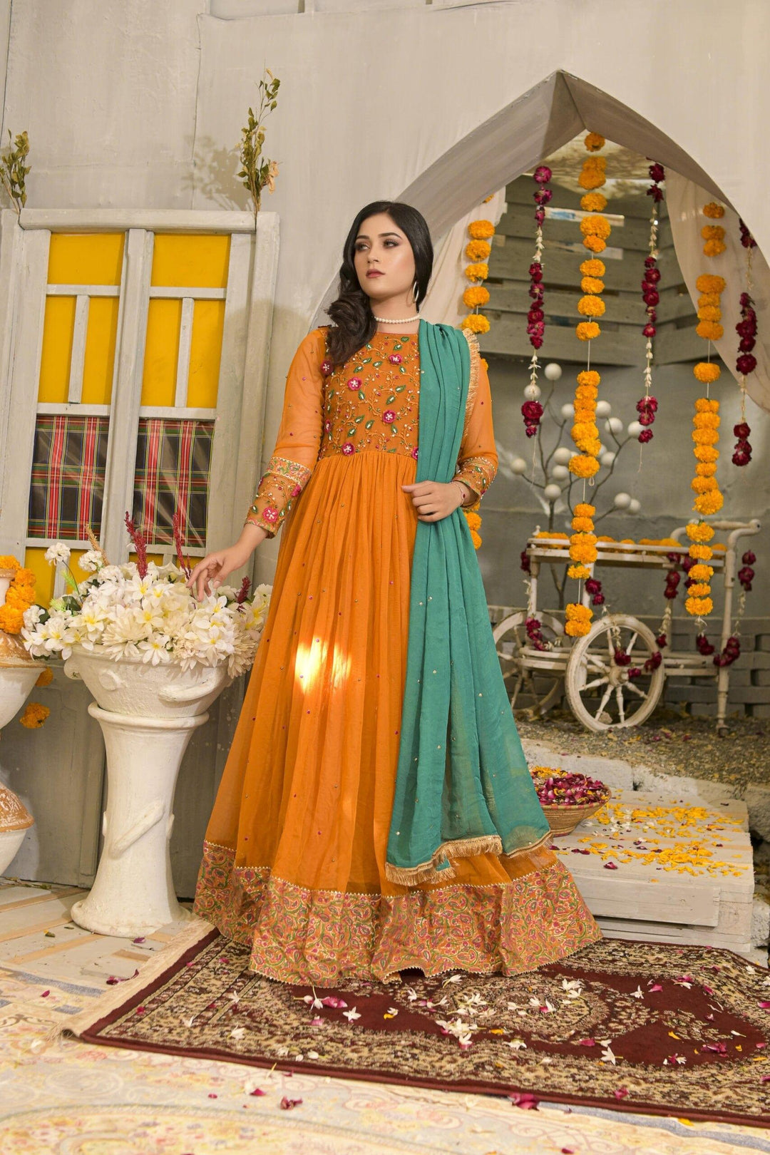 Mustard Korean Net Embroidered Pishwas with Raw Silk Pants - Laila - Studio by TCS