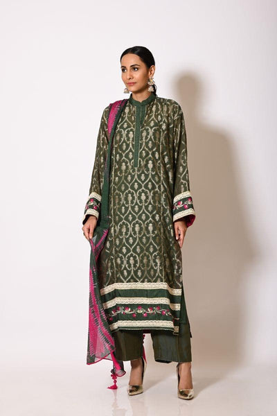 Insia Sohail - Shireen - Olive green - Machine Embroidered - 3 Piece - Studio by TCS