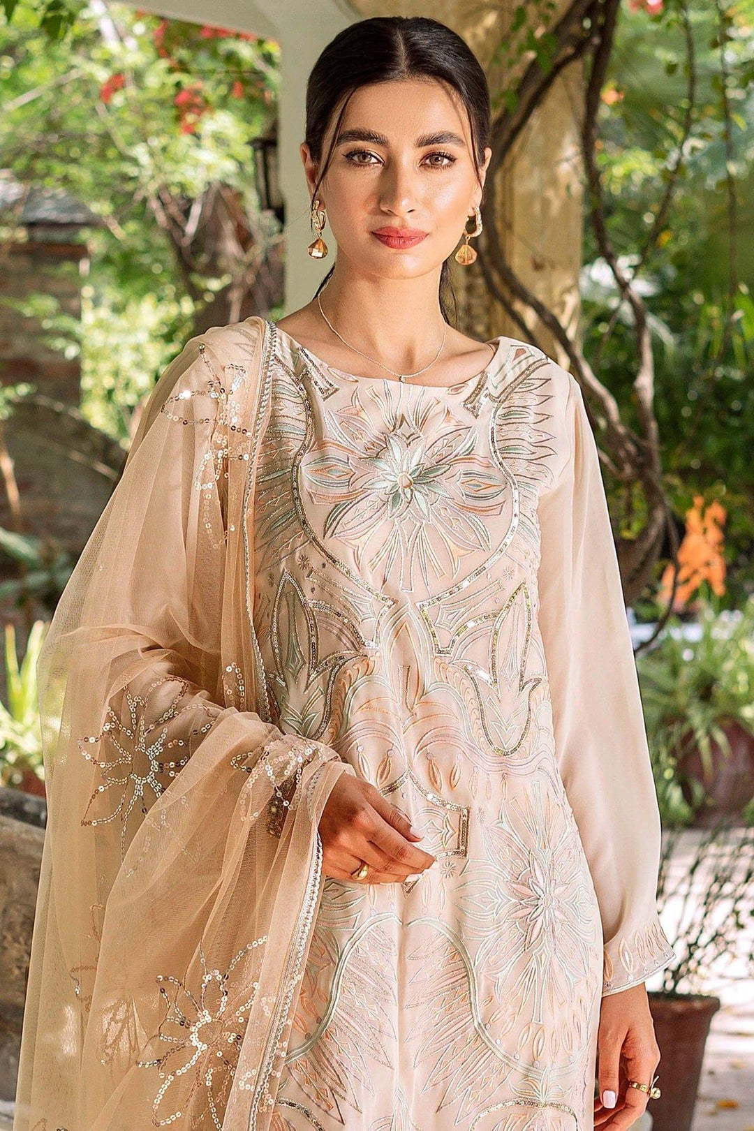 Natasha Kamal - Off White Georgette Shirt and Viscose Silk Pants with Net Dupatta - 3 Pieces - Studio by TCS