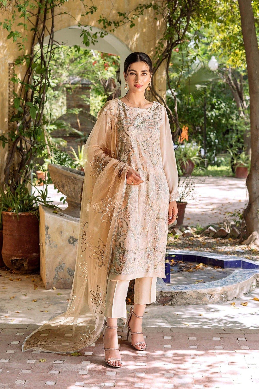 Natasha Kamal - Off White Georgette Shirt and Viscose Silk Pants with Net Dupatta - 3 Pieces - Studio by TCS