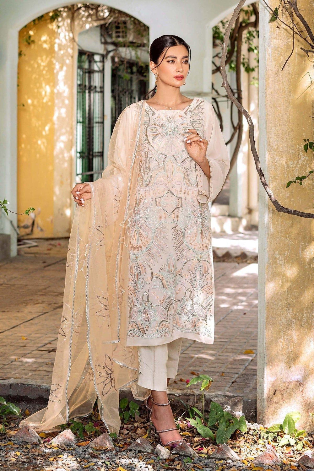 Natasha Kamal - Off White Georgette Shirt and Viscose Silk Pants with Net Dupatta - 3 Pieces - Studio by TCS