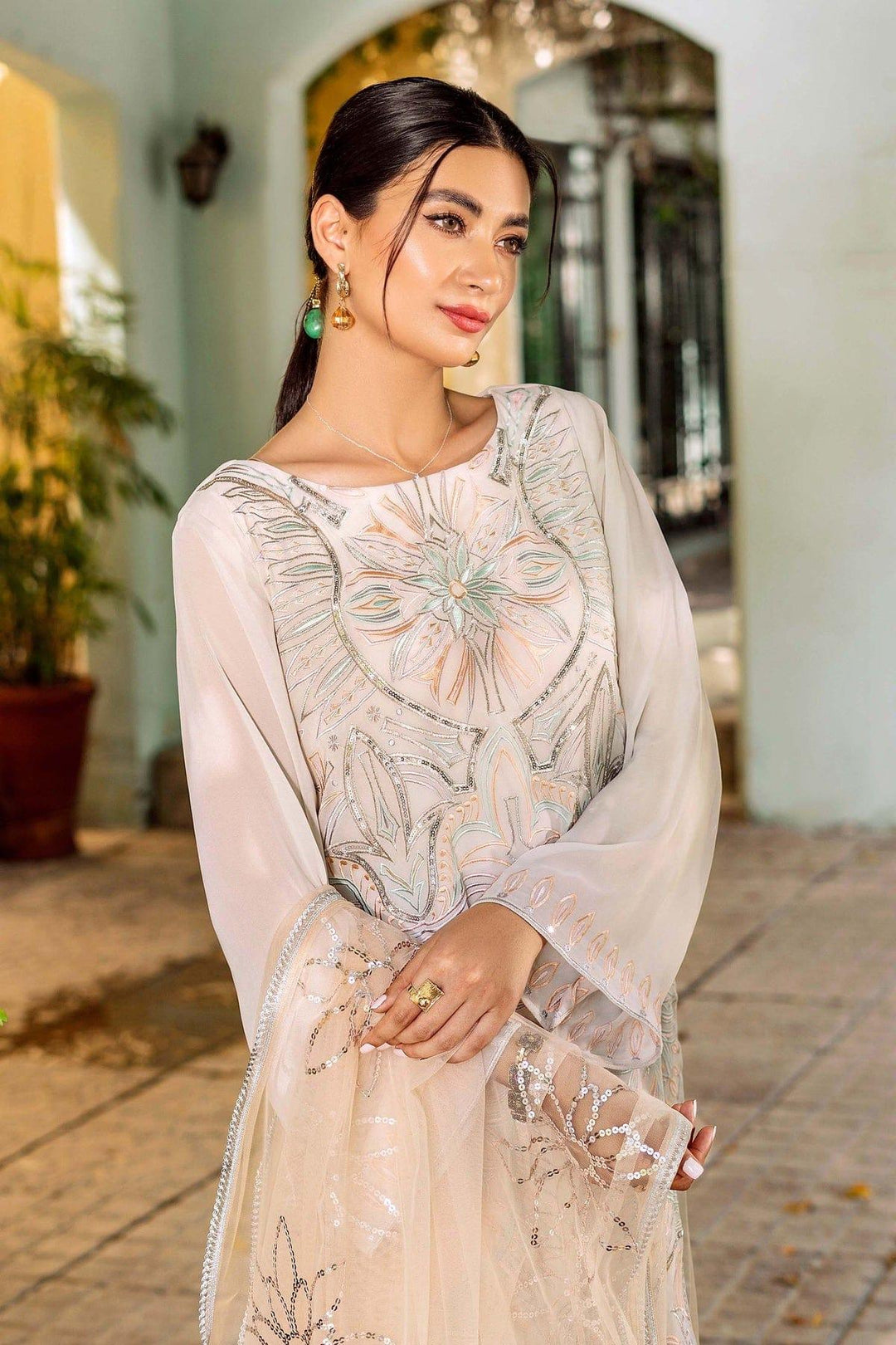 Natasha Kamal - Off White Georgette Shirt and Viscose Silk Pants with Net Dupatta - 3 Pieces - Studio by TCS