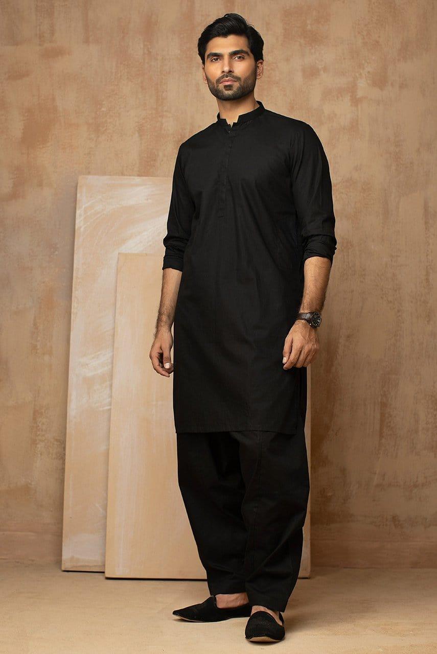 Deepak Perwani  -  Black Cotton Kurta Shalwar - KAS750 - 2 Piece
