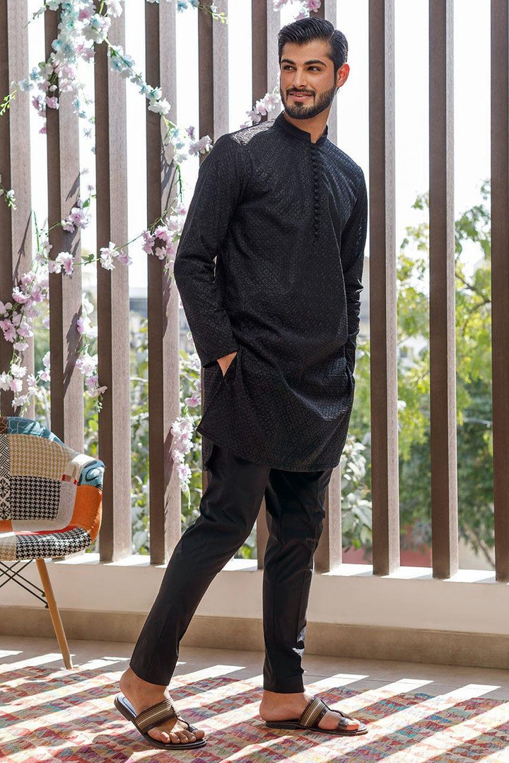 Deepak Perwani Men - Black Cotton Embroidered Kurta Pajama - MOF1883 - 2 Piece