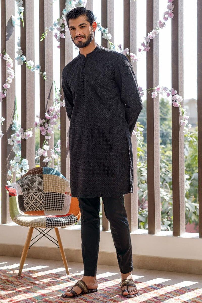 Deepak Perwani Men - Black Cotton Embroidered Kurta Pajama - MOF1883 - 2 Piece