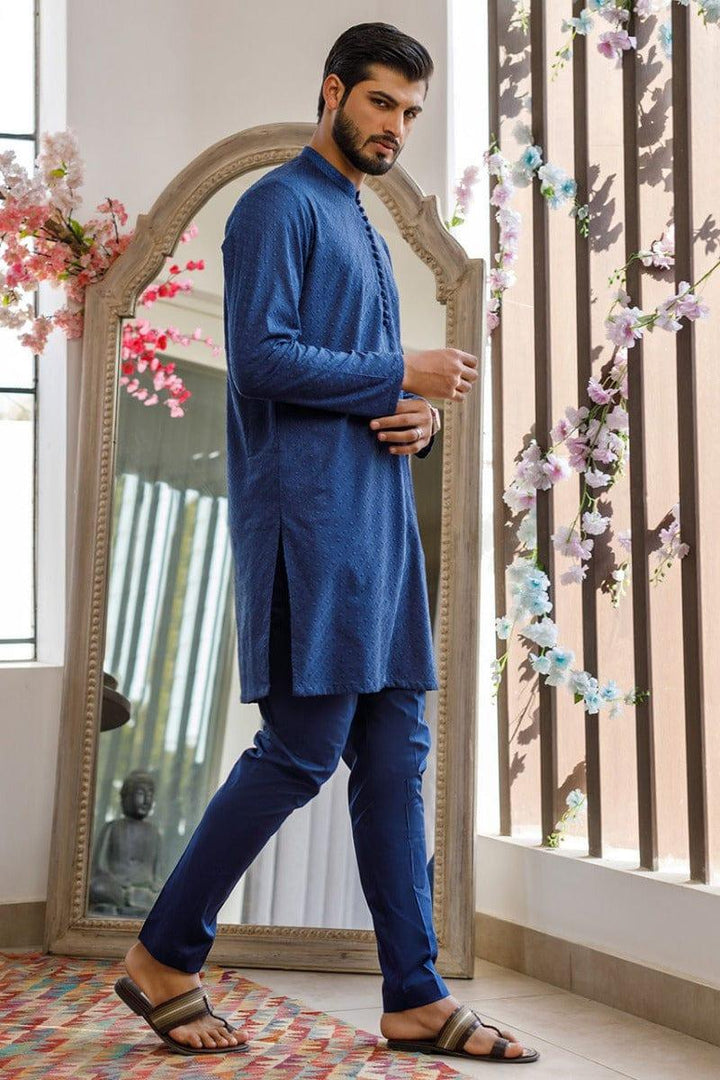 Deepak Perwani Men - Blue Cotton Embroidered Kurta Pajama - MOF1884 - 2 Piece