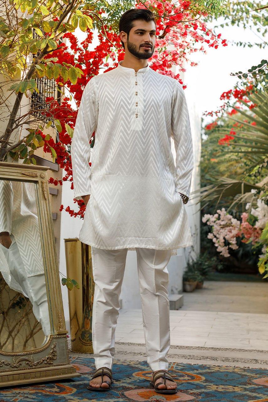 Deepak Perwani Men - White Raw Wilk  Embroidered Kurta Pajama - MOF1866 - 2 Piece